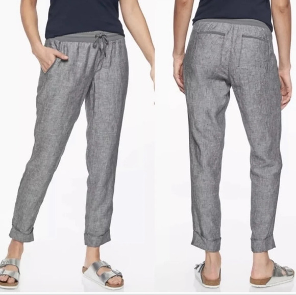ATHLETA Bali Linen Ankle Pants 10 Drawstring Elastic Waist Pull-On  Straight Leg - Picture 1 of 10